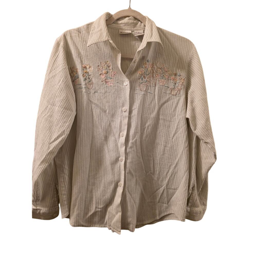Vtg 90s Floral Embroidered Womens Pastel Striped Button Up Shirt Size S Koret